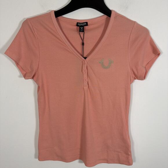 True Religion Studded Horseshoe V Neck Short Sleeve Button Henley Large NWT Rib - Picture 3 of 9